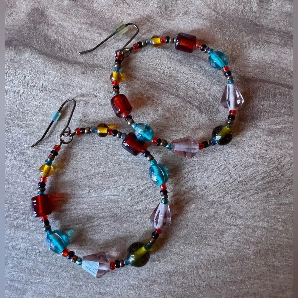 Handmade Glass Artisan Boho Dangle Hoop Earrings Hippie Bohemian Southwestern